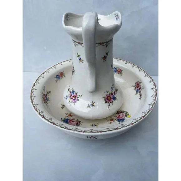 Vintage Ironstone Pitcher and Large Basin Bowl White Pink Flower - Picture 8 of 15